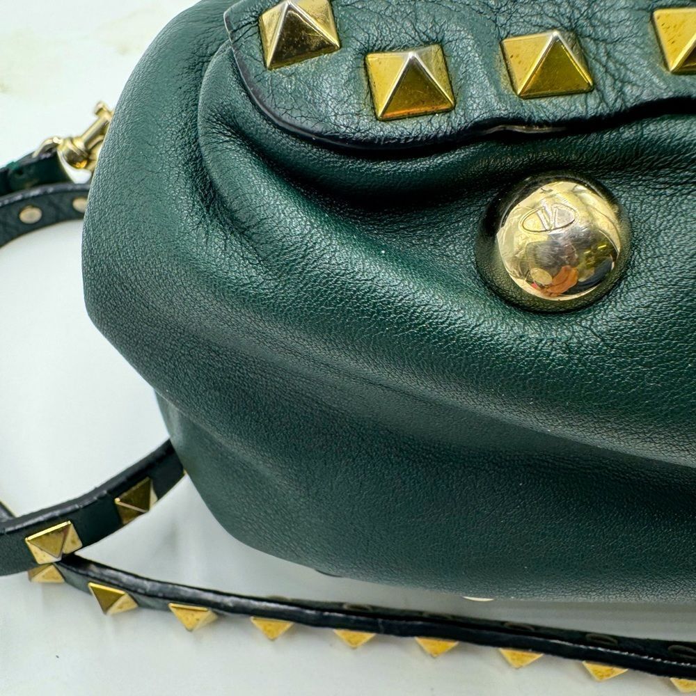 Auth Valentino Garavani Forest Green Leather Rockstud 2way Trapeze Shopper Tote - Picture 12 of 16